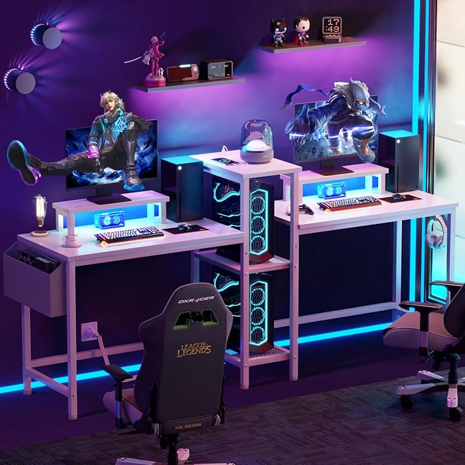 Furologee White 71" Gaming Desk with LED Lights, Long 2 Person Computer Desk with Printer Shelf and Monitor Stand, Double Office Desk with Cloth Bag and Hooks for Home Office (NO Power Outlets) - LeafyLoom