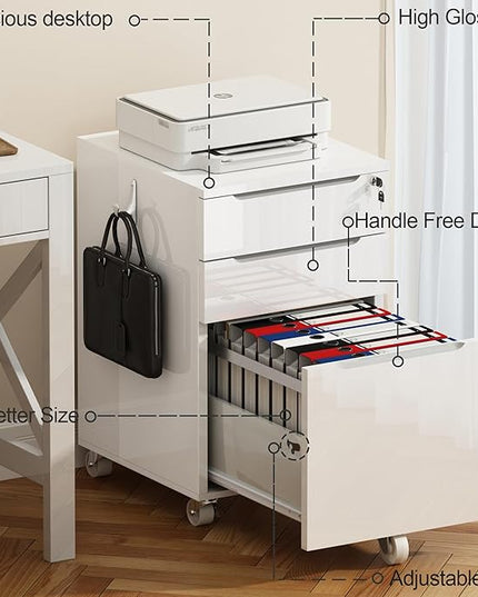 ChooChoo High Gloss File Cabinet with Lock,3 Drawer Rolling Filing Cabinet Fits Legal Size/A4/Letter, Under Desk File Cabinet with Hook for Home Office,White - LeafyLoom