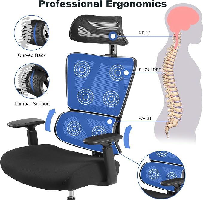 Ergonomic Office Chair, High Back Desk Chairs with Adjustabke Headrest & 3D Armrest, Swivel Executive Chair for Home Office, Black - LeafyLoom