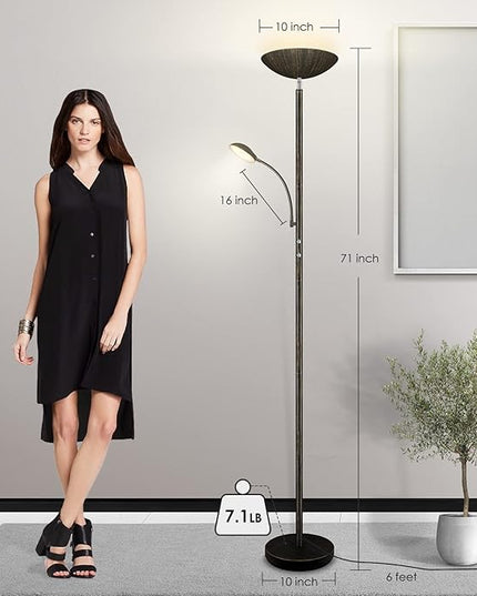Floor Lamp, LED 20W/2000LM Bright Torchiere Floor Lamp with 5W Adjustable Reading Lamp, Stepless Dimmable Standing Lamp, 2 Rotary Switch, Modern Floor Lamps for Living Room, Bedroom, Office,Bronze - LeafyLoom