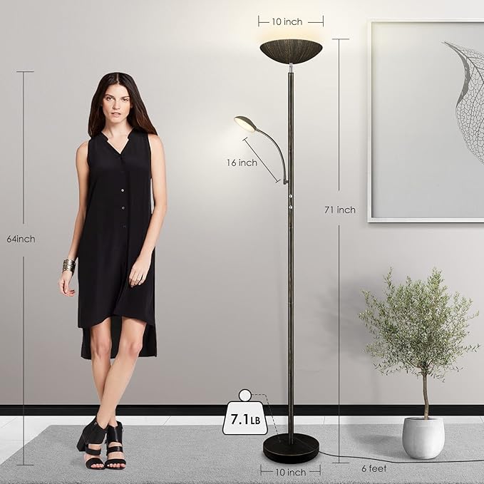 Floor Lamp, LED 20W/2000LM Bright Torchiere Floor Lamp with 5W Adjustable Reading Lamp, Stepless Dimmable Standing Lamp, 2 Rotary Switch, Modern Floor Lamps for Living Room, Bedroom, Office,Bronze - LeafyLoom