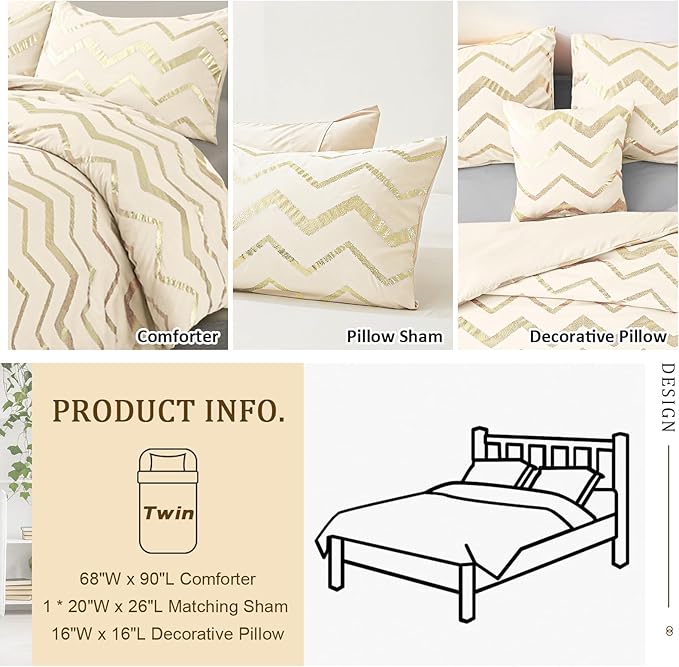 Girls Comforter Set Twin Size Cream Bedding Set Cute Metallic Gold Bed Comforter 3 Piece Lightweight Microfiber Comforter for Kids Teen - LeafyLoom