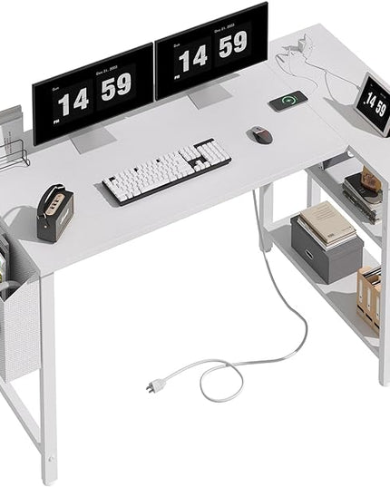 Lufeiya White L Shaped Computer Desk with Power Outlet Shelves, 47 Inch Corner Desk for Home Office Bedroom, L-Shaped Study Writing Working PC Desks, White - LeafyLoom