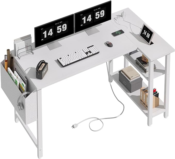 Lufeiya White L Shaped Computer Desk with Power Outlet Shelves, 47 Inch Corner Desk for Home Office Bedroom, L-Shaped Study Writing Working PC Desks, White - LeafyLoom