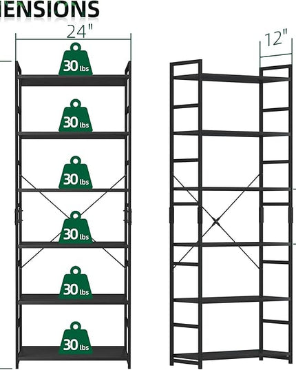 OTK 6 Tier Adjustable Bookshelf, Tall Bookcase, Office Shelf Storage Organizer, Modern Book Shelf for Living Room, Bedroom, and Home Office, Black - LeafyLoom