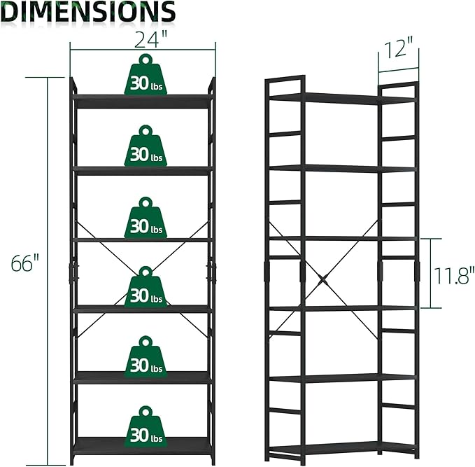 OTK 6 Tier Adjustable Bookshelf, Tall Bookcase, Office Shelf Storage Organizer, Modern Book Shelf for Living Room, Bedroom, and Home Office, Black - LeafyLoom
