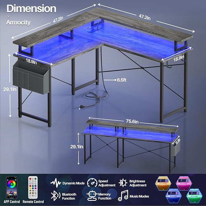 armocity L Shaped Computer Desk with Power Outlets, Gaming Desk L Shaped with LED Lights, Corner Desk with Storage Shelves, Work Study Desk for Bedroom, Home Office Small Spaces, 47'', Grey Oak - LeafyLoom
