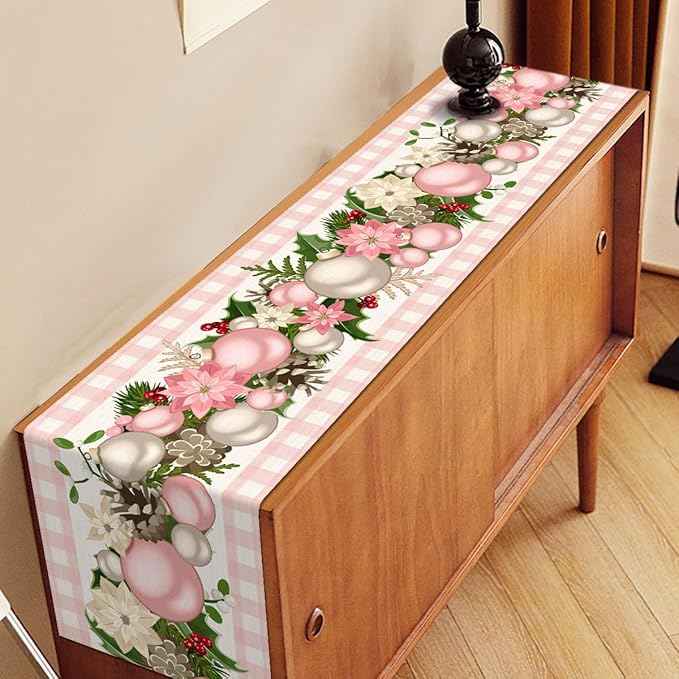 Nepnuser Pink Christmas Table Runner Pink and White Buffalo Check Plaid Xmas Decoration Seasonal Winter Holiday Home Kitchen Island Dining Room Decor Nepnuser