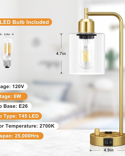 Innqoo Gold Table Lamp for Bedroom - Industrial Bedside Lamp with USB Port and Outlet, Fully Dimmable Nightstand Lamp with Clear Glass Shade, Small Desk Lamps for Home Office - LeafyLoom