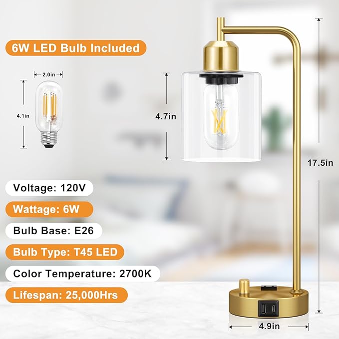 Innqoo Gold Table Lamp for Bedroom - Industrial Bedside Lamp with USB Port and Outlet, Fully Dimmable Nightstand Lamp with Clear Glass Shade, Small Desk Lamps for Home Office - LeafyLoom