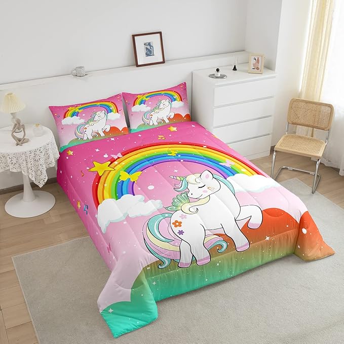 Unicorn Bedding Twin For Girls Kawaii Rainbow Unicorn Quilt Kids Galaxy Stars Comforter Set White Horse Floral Duvet Insert Fantasy Girls Room Decor Children Unicorn Reversible Pink With 1 Pillowcase - LeafyLoom