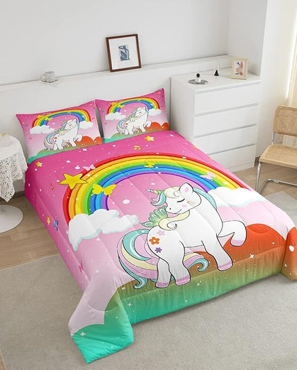 Girls Unicorn Comforter Set Full Size Kawaii Cute Unicorn Bedding Sets Ombre Starry Sky Down Comforter Cartoon Horse Quilt Colorful Rainbow Butterfly Reversible Comforters & Sets Bedroom Decor,3Pcs - LeafyLoom
