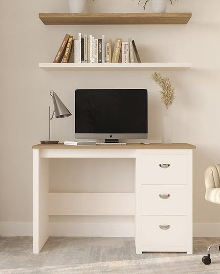 Lavish Home Traditional Desk with Attached 3-Drawer File Cabinet-for Home Office, Bedroom, Computer, or Craft Table, White and Wood Finish - LeafyLoom