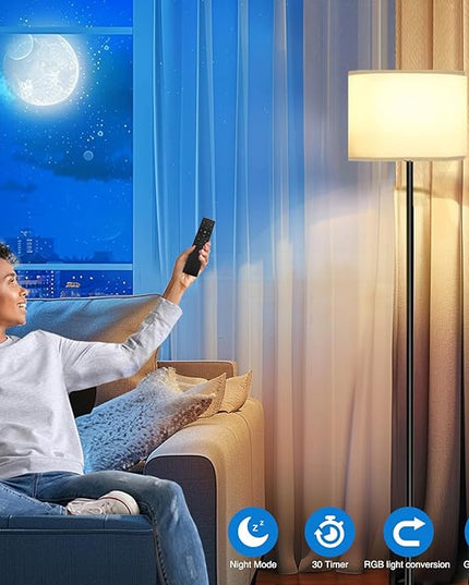 Floor Lamp for Living Room Bedroom,Modern LED Floor Lamp with Remote Control and Dimmable Standing Lamps with Foot Switch Office Kid Room,Tall Lamp,RGB 9W Bulb Included - LeafyLoom