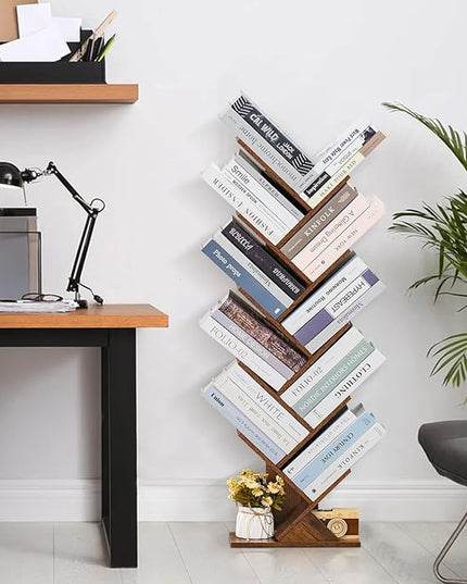 10 Tier Tree Book Shelf, Floor Standing Wood Bookshelf for Narrow Space, Storage Organizer Bookshelves for Books/CDs/Magazine, Bookcase with Shelves for Home Office, Living Room - Brown - LeafyLoom