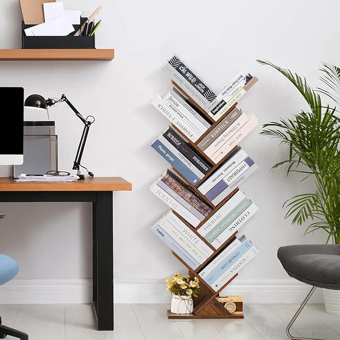 10 Tier Tree Book Shelf, Floor Standing Wood Bookshelf for Narrow Space, Storage Organizer Bookshelves for Books/CDs/Magazine, Bookcase with Shelves for Home Office, Living Room - Brown - LeafyLoom
