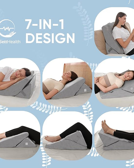 Adjustable Bed Wedge Pillow for Sleeping - 7 in 1 Incline Folding Memory Foam Cushion - Body Positioner System for Legs or Back | Support Pillow Helps Acid Reflux, Anti Snoring, Heartburn, GERD - LeafyLoom