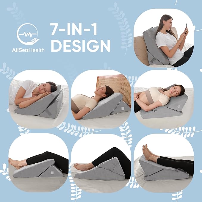 Adjustable Bed Wedge Pillow for Sleeping - 7 in 1 Incline Folding Memory Foam Cushion - Body Positioner System for Legs or Back | Support Pillow Helps Acid Reflux, Anti Snoring, Heartburn, GERD - LeafyLoom