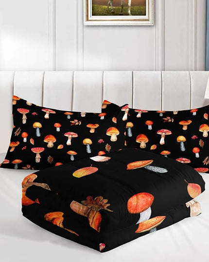 Colorful Mushroom Comforter Set Twin Size Kids Mushroom Bedding Set Leaves Quilt Bed Set for Boys Girls Adults with 1 Comforter and 2 Pillowcases - LeafyLoom