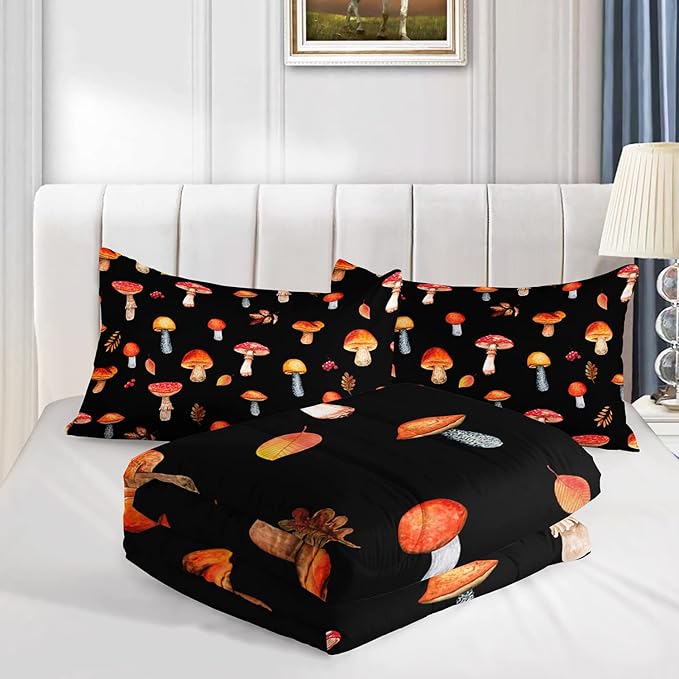 Colorful Mushroom Comforter Set Full Size Kids Mushroom Bedding Set Leaves Quilt Bed Set for Boys Girls Adults with 1 Comforter and 2 Pillowcases - LeafyLoom