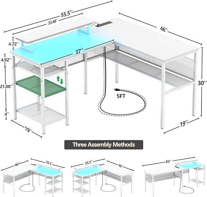 Unikito Reversible L Shaped Desk with Power Outlets and Smart LED Light, 55 Inch Computer Office Desk, Unique Grid Design, Corner Writing Gaming Table with Monitor Stand and Storage Shelf, White - LeafyLoom