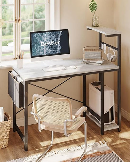 Bestier Computer Desk with 4 Tiers Shelves, Gaming Desk with LED lights, 44 Inch Office Desk with Storage Bag & Printer Shelf (Retro Grey Oak) - LeafyLoom