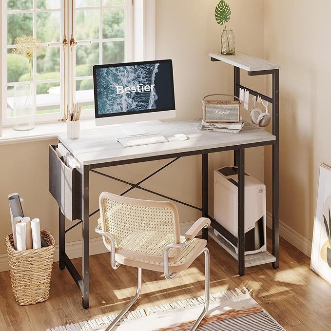 Bestier Computer Desk with 4 Tiers Shelves, Gaming Desk with LED lights, 44 Inch Office Desk with Storage Bag & Printer Shelf (Retro Grey Oak) - LeafyLoom