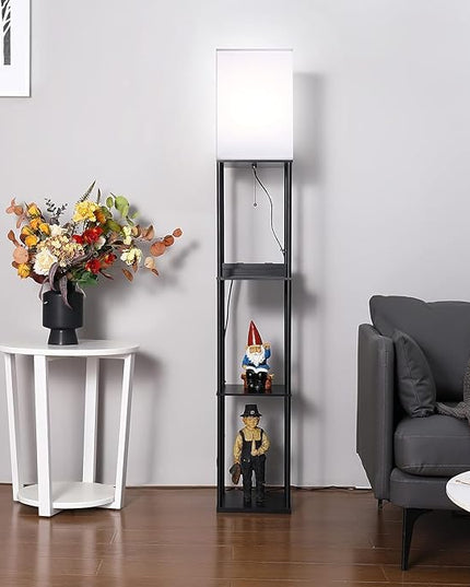 NUNET Smart LED Floor Lamp with Shelves 3 Color Temperature Light & Dimmable App Controlled Wi-Fi Bulb w. 3 Level Shelves & Cellphone/Photo Frame Stand for Bedroom Living Room Corner etc. (Black) - LeafyLoom