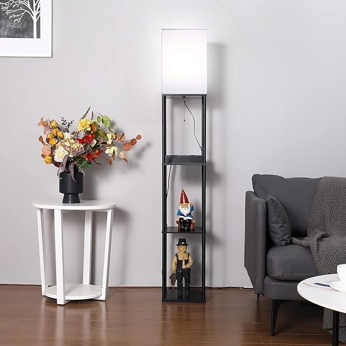 NUNET Smart LED Floor Lamp with Shelves 3 Color Temperature Light & Dimmable App Controlled Wi-Fi Bulb w. 3 Level Shelves & Cellphone/Photo Frame Stand for Bedroom Living Room Corner etc. (Black) - LeafyLoom