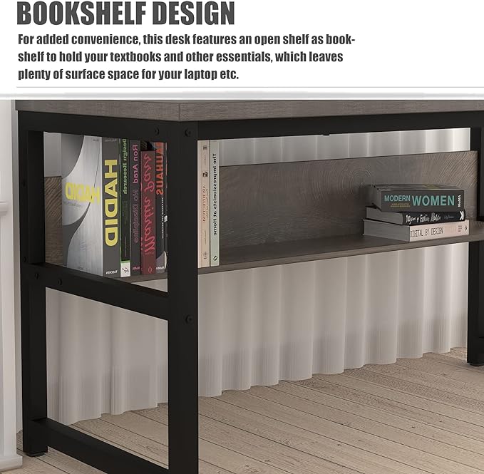 TOPSKY Computer Desk with Bookshelf/Metal Hole Cable Cover 1.18" Thick Desk (55", Espresso Gray) - LeafyLoom