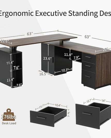 FEZIBO 63" L Shaped Executive Standing Desk with File Cabinet, Electric Height Adjustable, Black Walnut - LeafyLoom