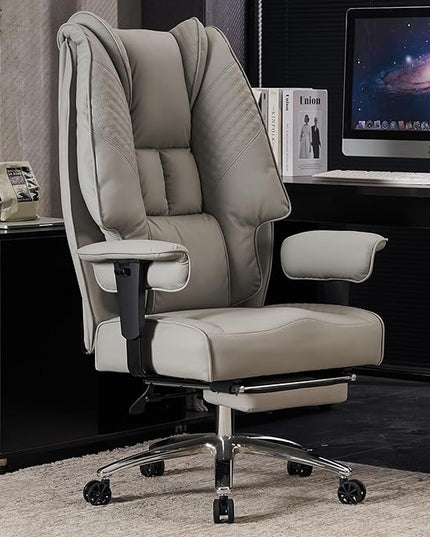 Big and Tall Office Chair 400lbs Wide Seat, Leather High Back Executive Office Chair with Foot Rest, Ergonomic Office Chair Lumbar Support for Lower Back Pain Relief (Light Grey) - LeafyLoom
