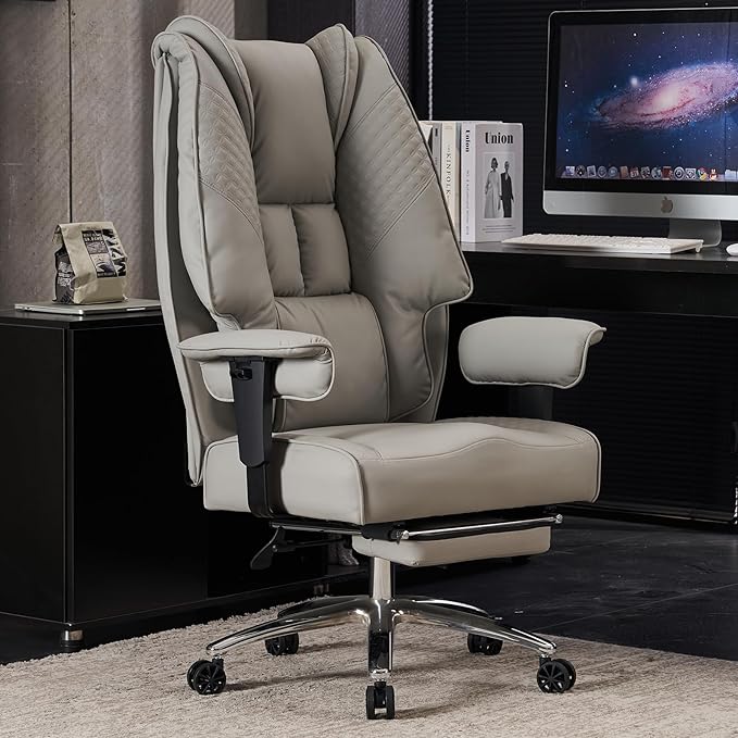 Big and Tall Office Chair 400lbs Wide Seat, Leather High Back Executive Office Chair with Foot Rest, Ergonomic Office Chair Lumbar Support for Lower Back Pain Relief (Light Grey) - LeafyLoom