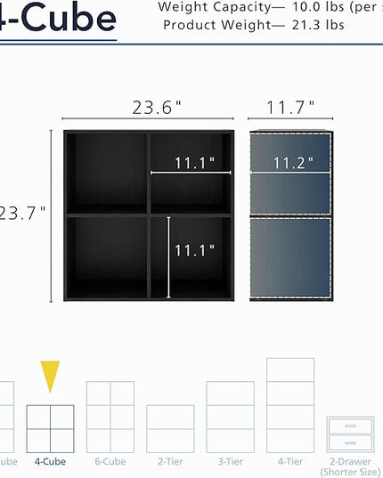 Apexa 4 Cube Storage Organizer Shelves, Stackable Wood Bookcase Fits Cubby Bins for Organization, Dorm Teen Room Decor & Home Office, Black - LeafyLoom