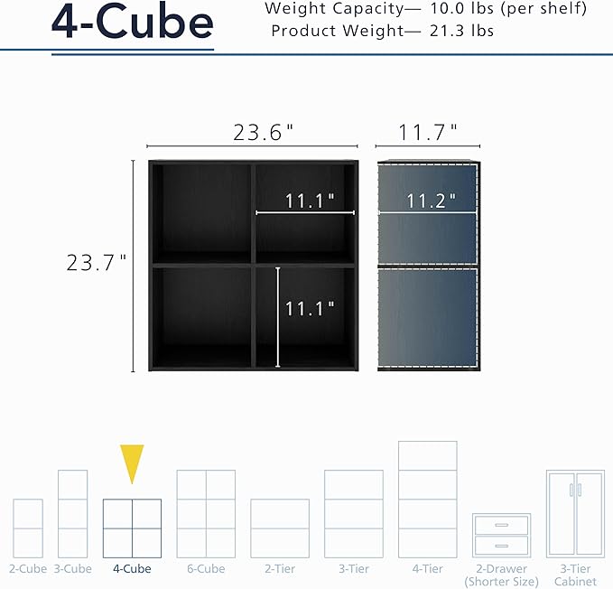 Apexa 4 Cube Storage Organizer Shelves, Stackable Wood Bookcase Fits Cubby Bins for Organization, Dorm Teen Room Decor & Home Office, Black - LeafyLoom