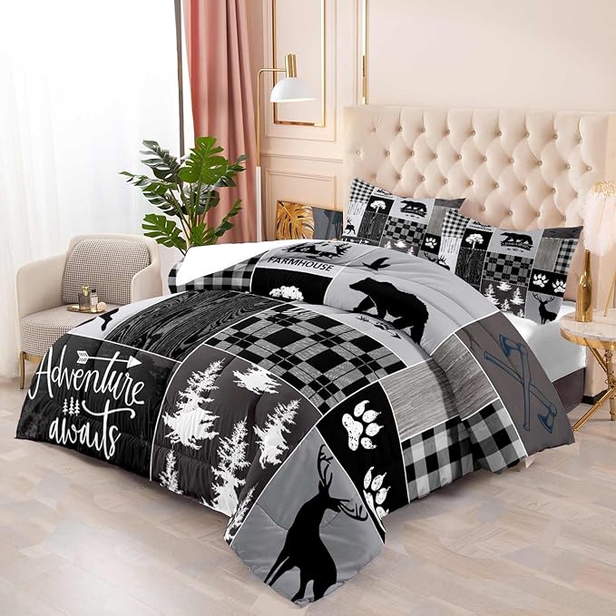 LUVIVIHOME 2PCS Rustic Lodge Comforter Set Twin Size, Farmhouse Cabin Bedding, Black Bear Deer Elk Moose Forest Animal Wildlife Hunting Country Black and White Plaid Patchwork Quilt, 1 Pillow Case - LeafyLoom
