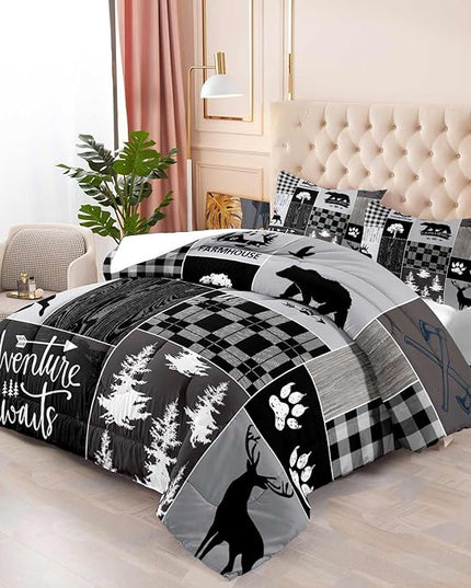 LUVIVIHOME 3PCS Rustic Lodge Comforter Set Full Size, Farmhouse Cabin Bedding, Black Bear Deer Elk Moose Forest Animal Wildlife Hunting Country Black and White Plaid Patchwork Quilt, 2 Pillow Cases - LeafyLoom