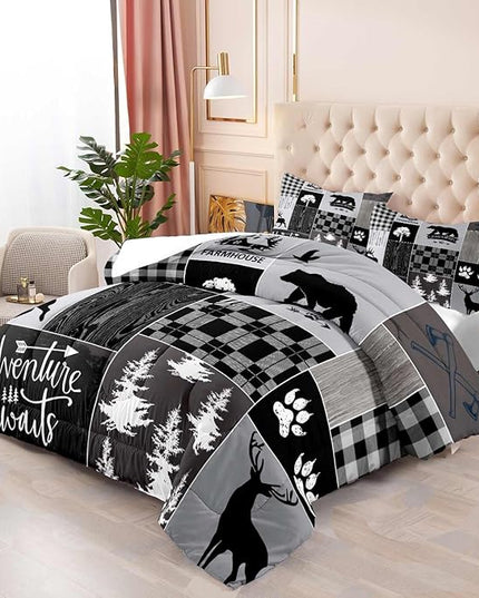 LUVIVIHOME 3PCS Rustic Lodge Comforter Set Queen Size, Farmhouse Cabin Bedding, Black Bear Deer Elk Moose Forest Animal Wildlife Hunting Country Black and White Plaid Patchwork Quilt, 2 Pillow Cases - LeafyLoom