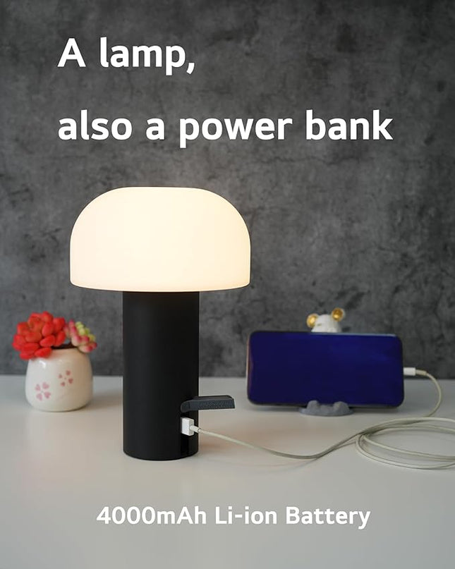 Outdoor Mushroom Table Lamp Rechargeable, Cordless Lamps for Patio Waterproof, Portable Battery Operated Lamp with USB Charging, Touch Dimming Night Light for Home/Porch/Restaurant (Black) - LeafyLoom