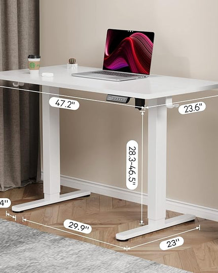 White Standing Desk, 48 X 24 Inch Adjustable Height Electric Desk, Sit Stand Desk with Splice Board and 2 Hooks, Ergonomic Rising Desk for Home Office - LeafyLoom