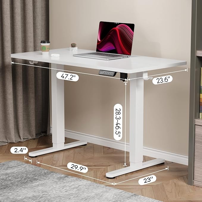 White Standing Desk, 48 X 24 Inch Adjustable Height Electric Desk, Sit Stand Desk with Splice Board and 2 Hooks, Ergonomic Rising Desk for Home Office - LeafyLoom