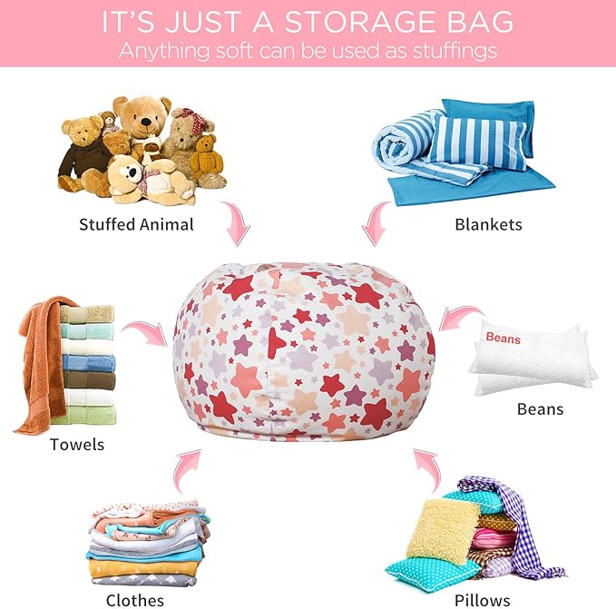 Aubliss Stuffed Animal Bean Bag Storage Chair, Beanbag Covers Only for Organizing Plush Toys, Turns into Bean Bag Seat for Kids When Filled, Large 38"-Canvas Pattern Sparkling Star - LeafyLoom