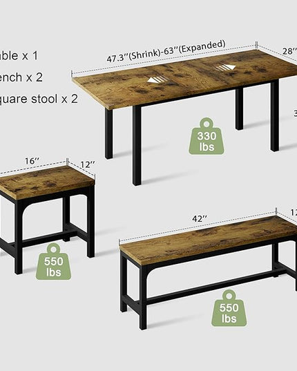 Feonase 5-Piece Dining Table for 4-8 People, 63" Extendable Kitchen Table Set with 2 Benches & 2 Square Stools, Dining Room Table with MDF Wood Board, Easy Clean, Rustic Brown - LeafyLoom