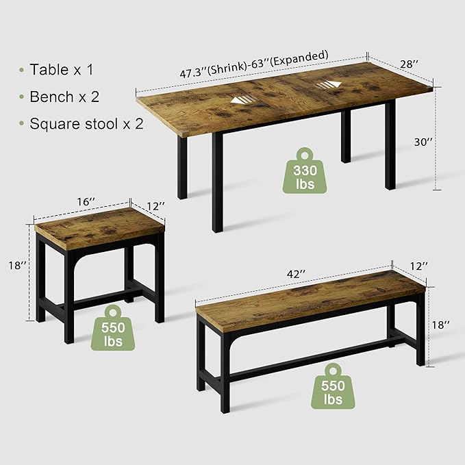 Feonase 5-Piece Dining Table for 4-8 People, 63" Extendable Kitchen Table Set with 2 Benches & 2 Square Stools, Dining Room Table with MDF Wood Board, Easy Clean, Rustic Brown - LeafyLoom
