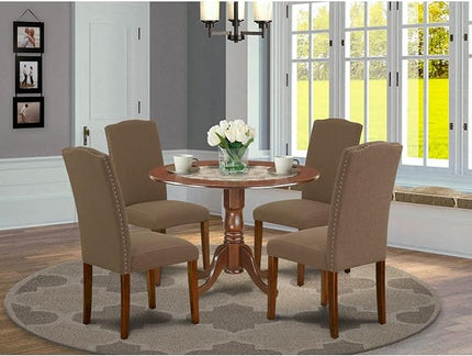 East West Furniture Dublin 5 Piece Room Furniture Set includes a Round Dining Table with Dropleaf and 4 Dark Coffee Linen Fabric Upholstered Chairs, 42x42 Inch, DLEN5-MAH-18 - LeafyLoom