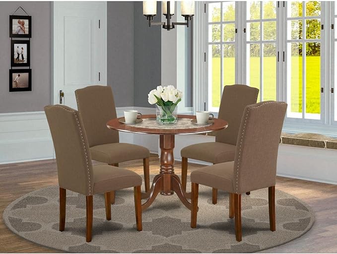 East West Furniture Dublin 5 Piece Room Furniture Set includes a Round Dining Table with Dropleaf and 4 Dark Coffee Linen Fabric Upholstered Chairs, 42x42 Inch, DLEN5-MAH-18 - LeafyLoom