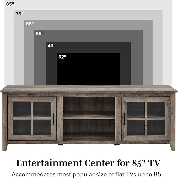 Walker Edison Portsmouth Classic 2 Glass Door Stand for TVs up to 80 Inches, 70 Inch, Dark Walnut - LeafyLoom