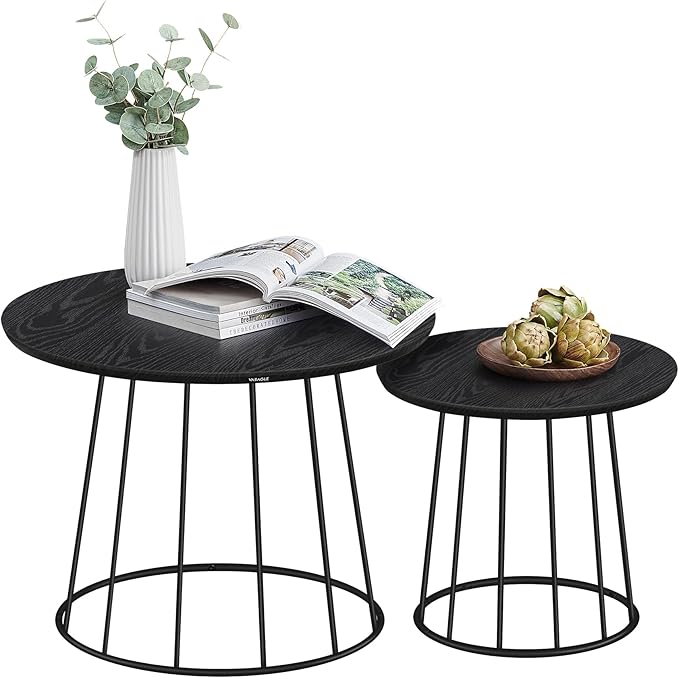 VASAGLE Round Coffee Tables, Set of 2, Modern Circle Side Tables with Steel Frame, for Living Room, Bedroom, Ebony Black ULCT045B56 - LeafyLoom