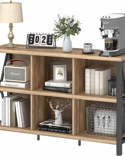 FATORRI 6 Cube Storage Organizer with Shelf, Long Wood and Metal Cubby Bookcase, Industrial Horizontal Bookshelf (Rustic Oak, 47 Inch) - LeafyLoom