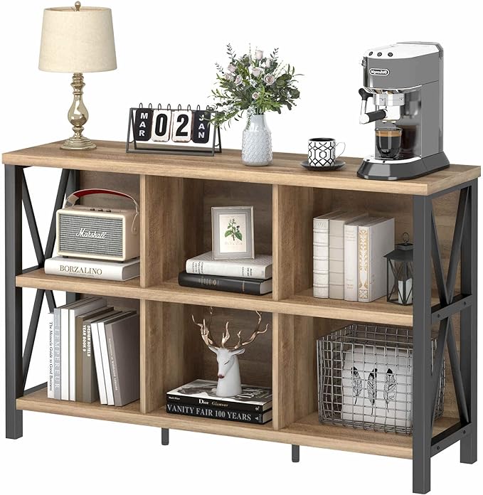 FATORRI 6 Cube Storage Organizer with Shelf, Long Wood and Metal Cubby Bookcase, Industrial Horizontal Bookshelf (Rustic Oak, 47 Inch) - LeafyLoom
